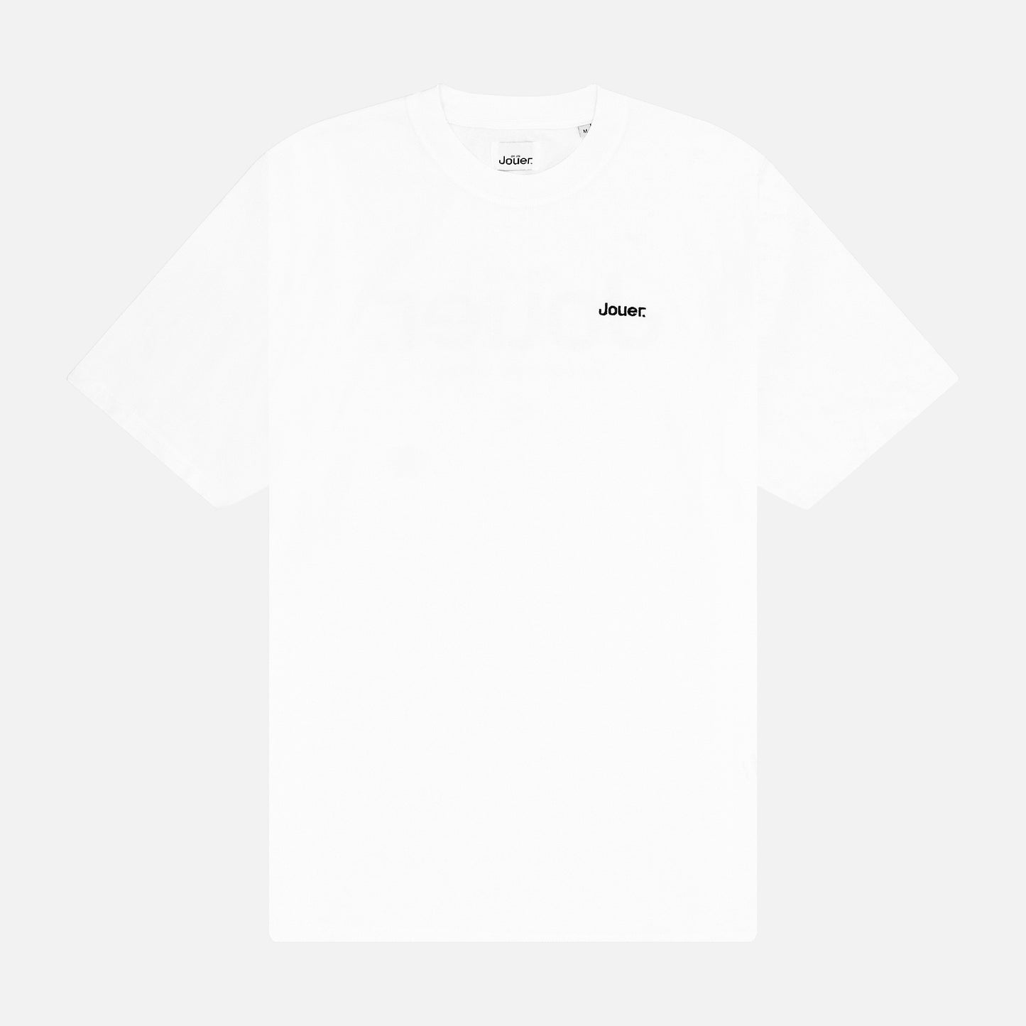 White 'Jouer' fundamental T-shirt with black embroidered logo on the front and large back print.