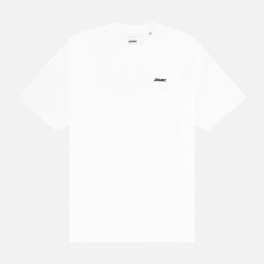 White 'Jouer' fundamental T-shirt with black embroidered logo on the front and large back print.