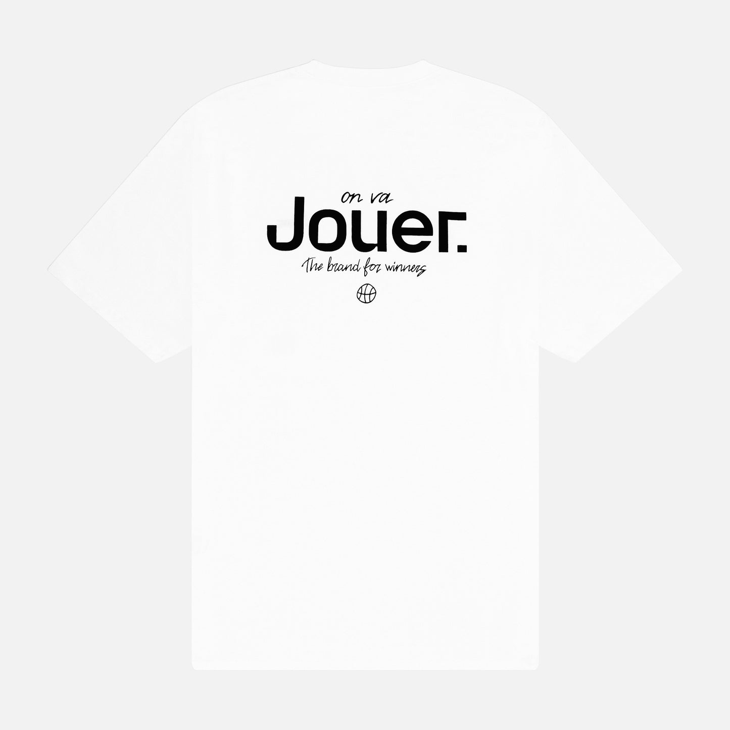 White 'Jouer' fundamental T-shirt with black embroidered logo on the front and large back print.