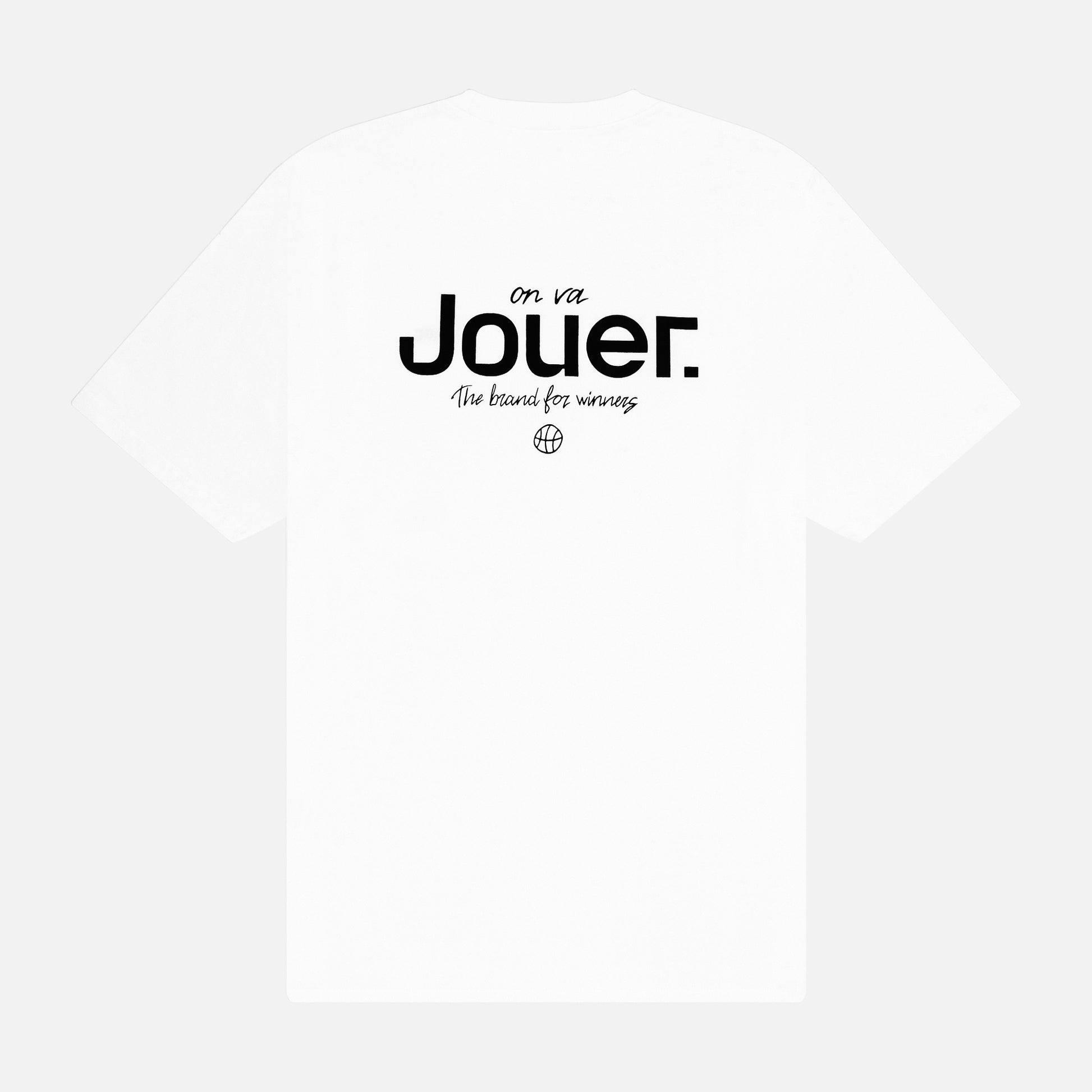 White 'Jouer' fundamental T-shirt with black embroidered logo on the front and large back print.