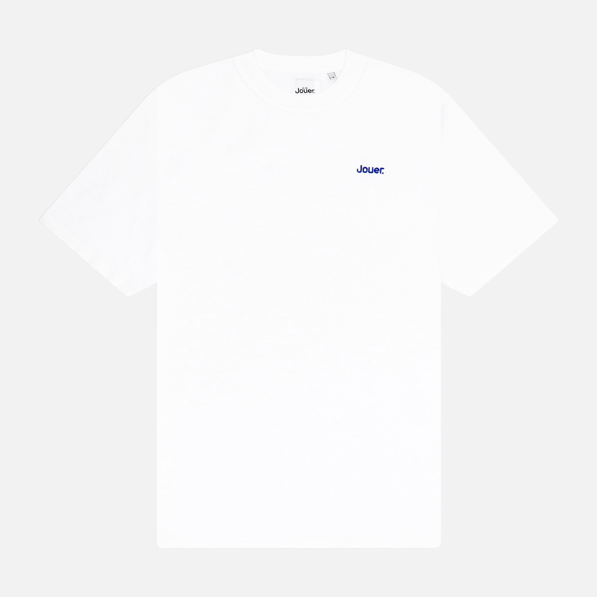 White 'Jouer' fundamental T-shirt with blue embroidered logo on the front and bold back print.