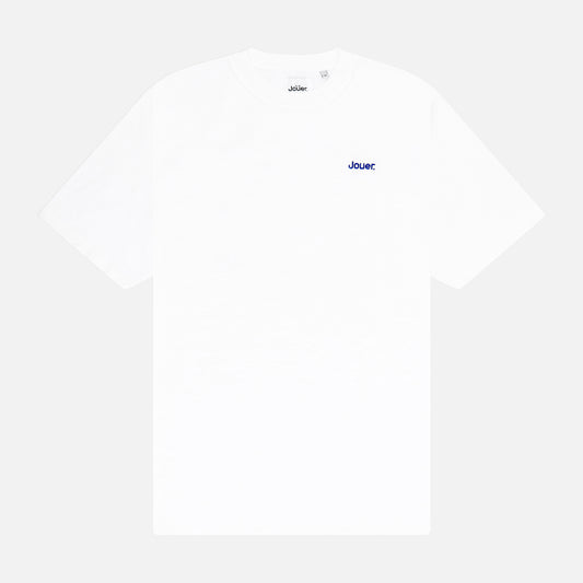 White 'Jouer' fundamental T-shirt with blue embroidered logo on the front and bold back print.