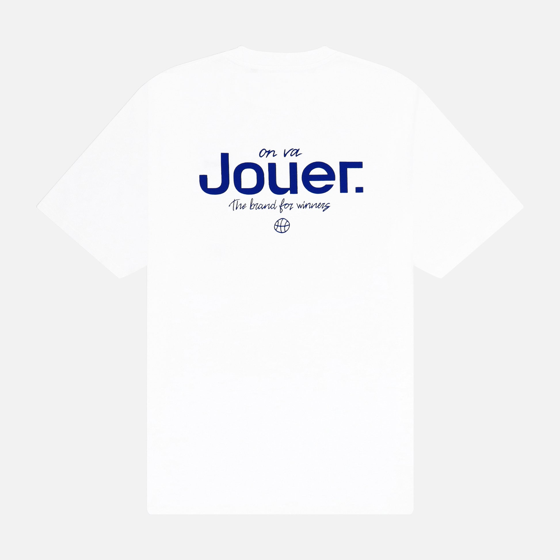 White 'Jouer' fundamental T-shirt with blue embroidered logo on the front and bold back print.