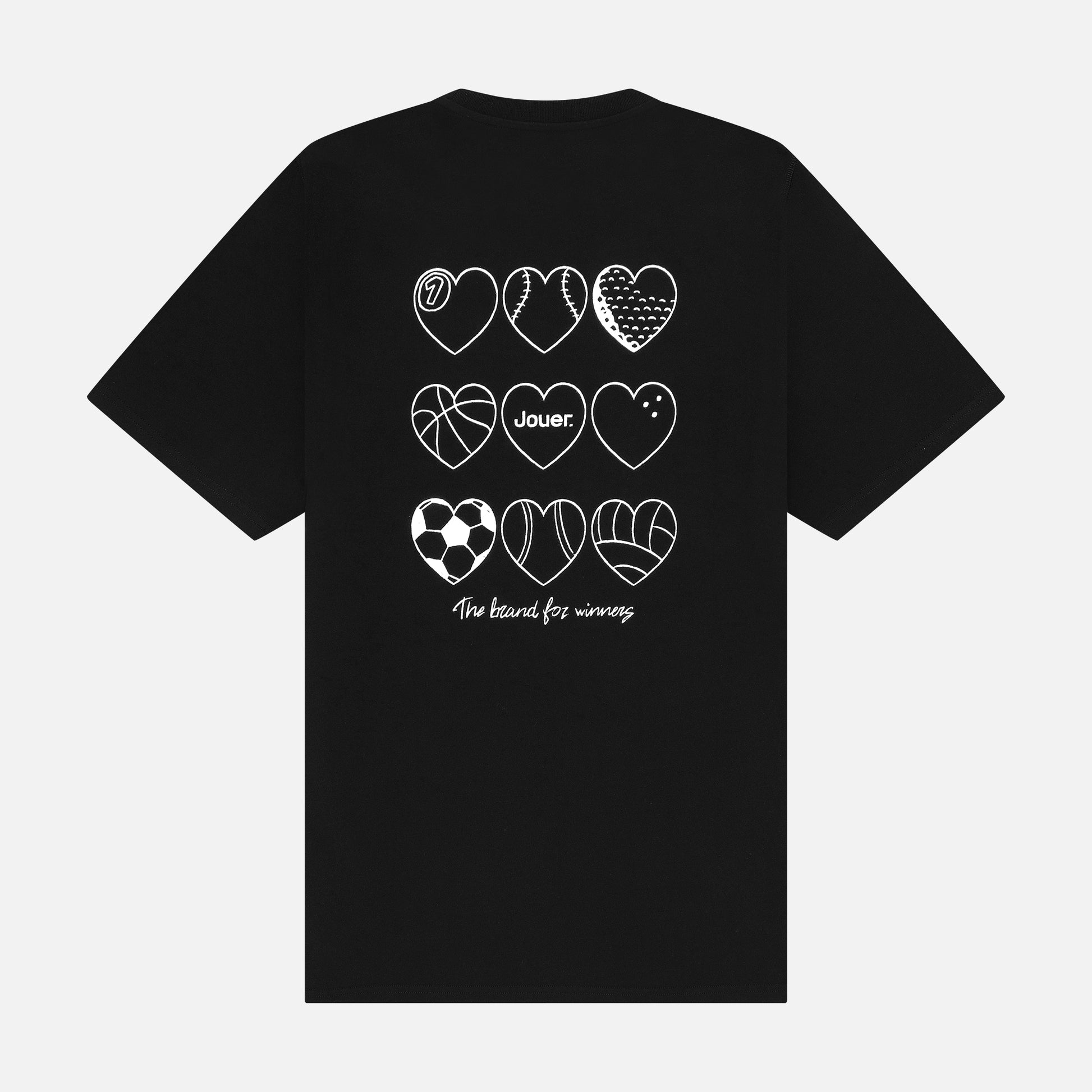 Black 'Jouer' T-shirt with white embroidered logo on the front and heart-themed sports back print.