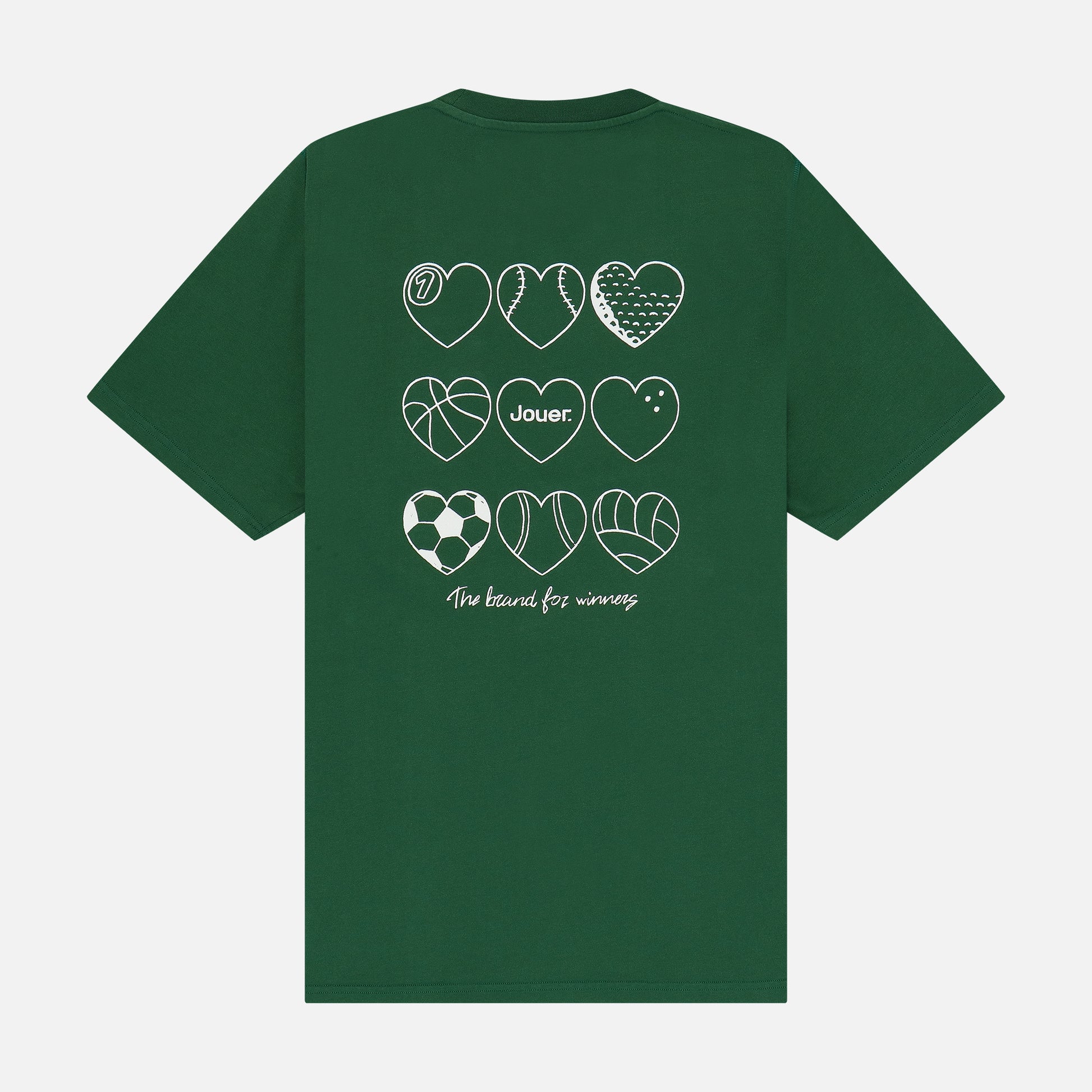 Green 'Jouer' T-shirt with white embroidered logo on the front and heart-themed sports back print.