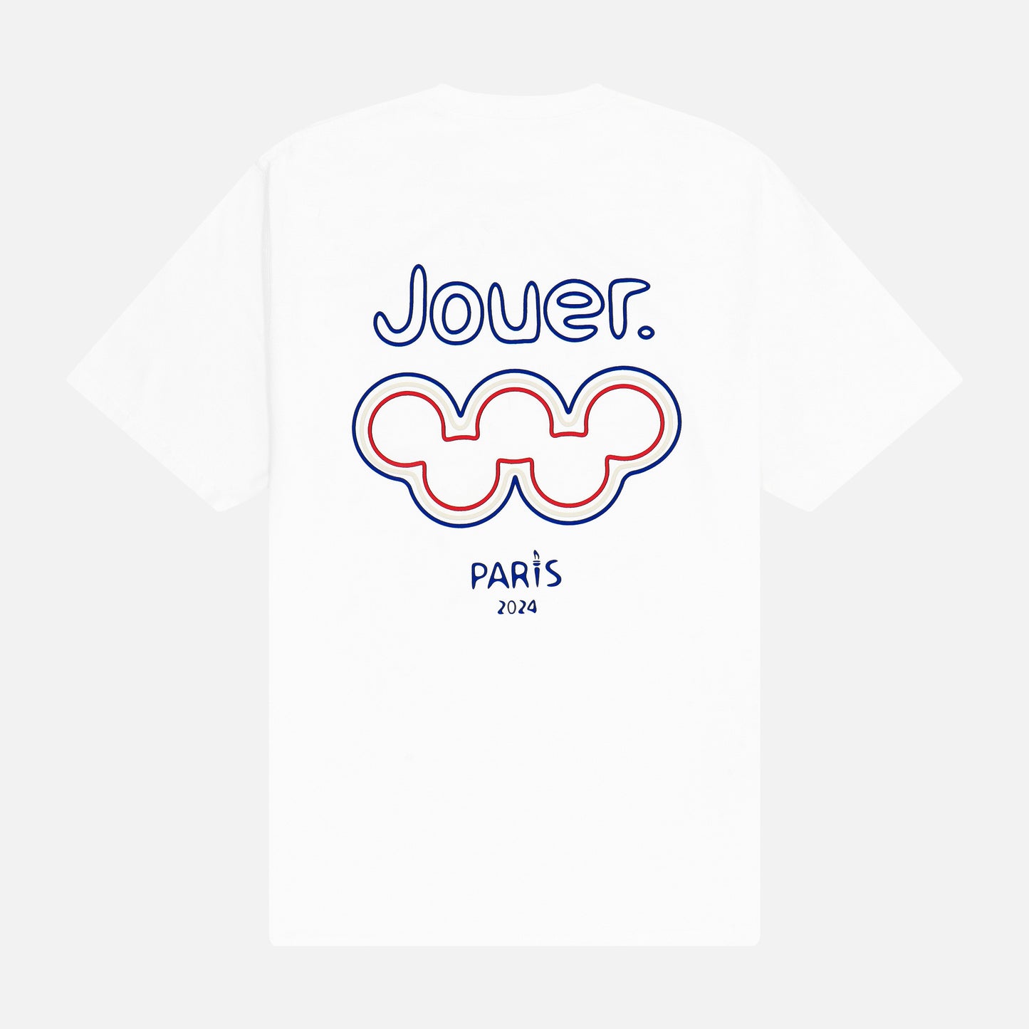 White 'Jouer' Olympic tribute T-shirt with unique back print design celebrating sports.